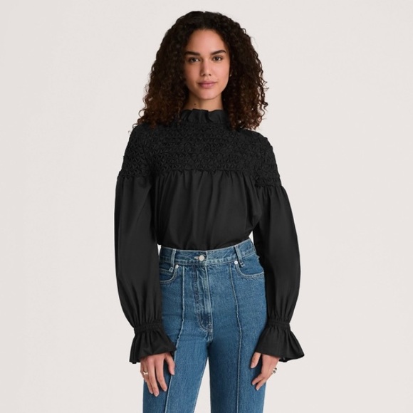 Anthropologie Maeve Pin Tuck Smocked Peasant Blouse Black - Picture 5 of 5